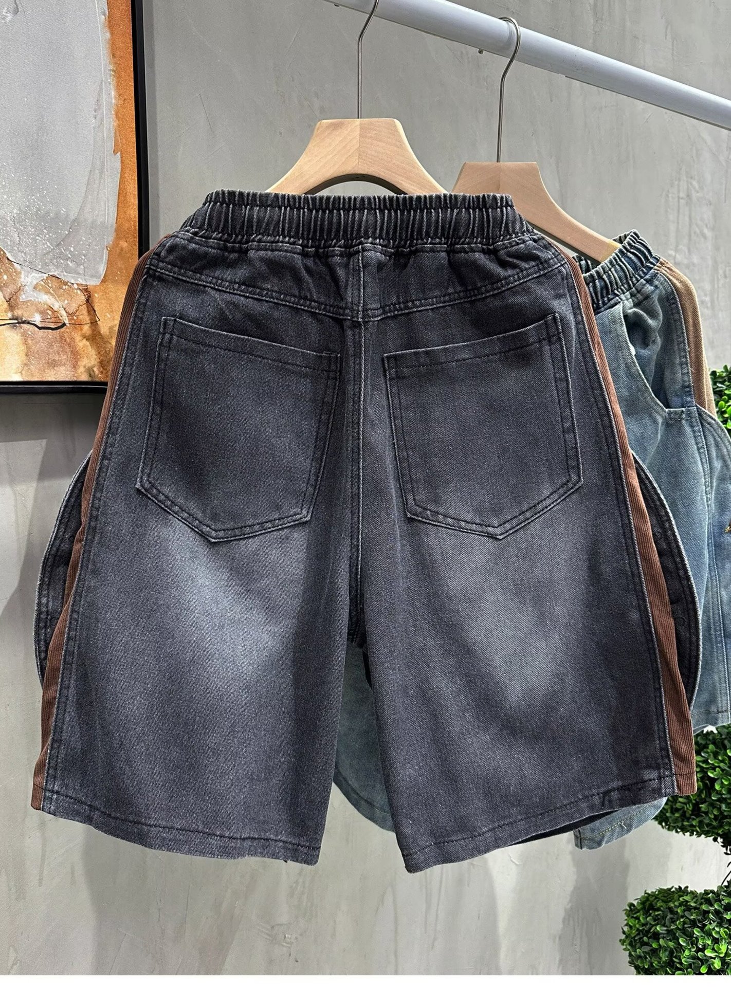 Men's Retro Distressed Denim Shorts Summer Casual Loose Fit Color Block Five Point Drawstring Elastic Waist Plus Size Mid-Length_mkmklike.com