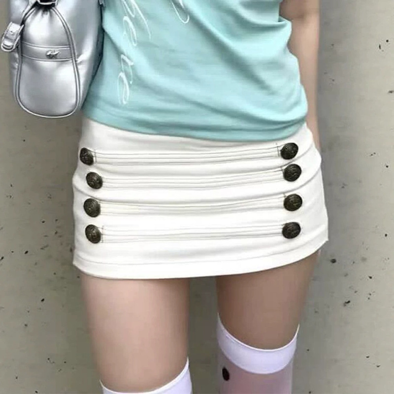 American retro style double-button washed denim shorts with unique design for women, summer thin slim-fit ultra-short skirt-pants