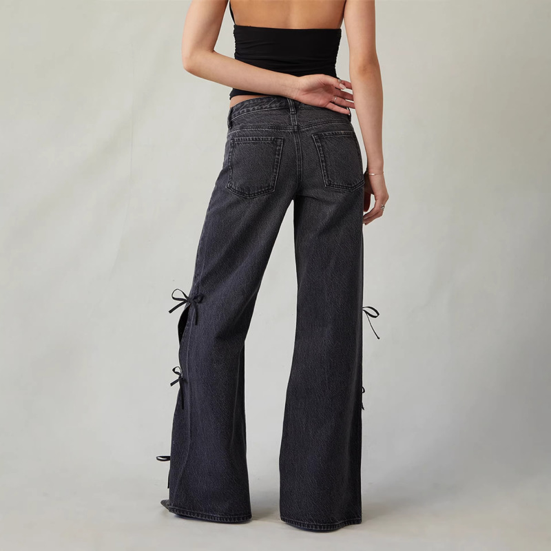 Cross-Border Women's Fashion Pacsun Street Style Spicy Girl Bowknot Slit Denim Pants Women's Ins Loose Straight Wide-Leg Long Pants Cross-Border Women's Fashion Pacsun Street Style Spicy Girl Bowknot Slit Denim Pants Women's Ins Loose Straight Wide-Leg Long Pants