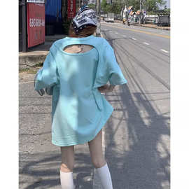 后背镂空短袖T恤女装夏季宽松慵懒大版中长款下衣失踪上衣SX2771B