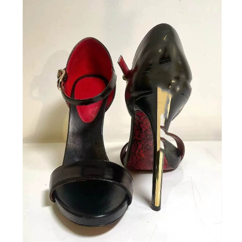 复古25新款真皮一字带高跟鞋女凉鞋CP宝剑权杖黑色复古利刃红底鞋