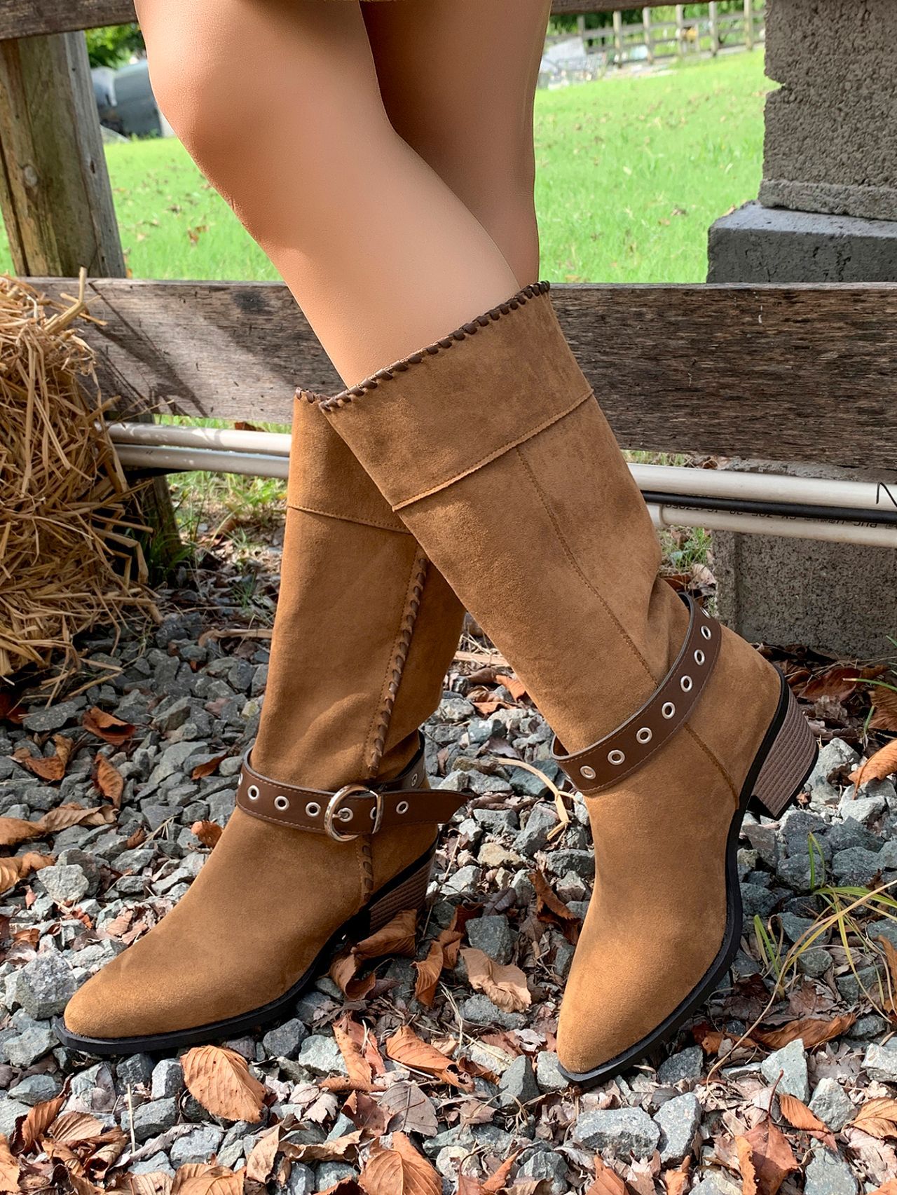Women's Black Suede Cowboy Boots With Buckle Detail Mid Heel_voghion.com