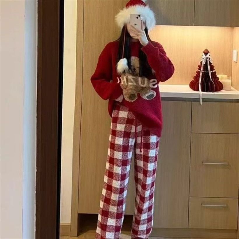 Al por mayor transfronterizo otoño y invierno rojo grueso calentamiento mitad de camisa de terciopelo pijama de mujer encantadora dulce dibujos animados cómodo abrigo para el hogar