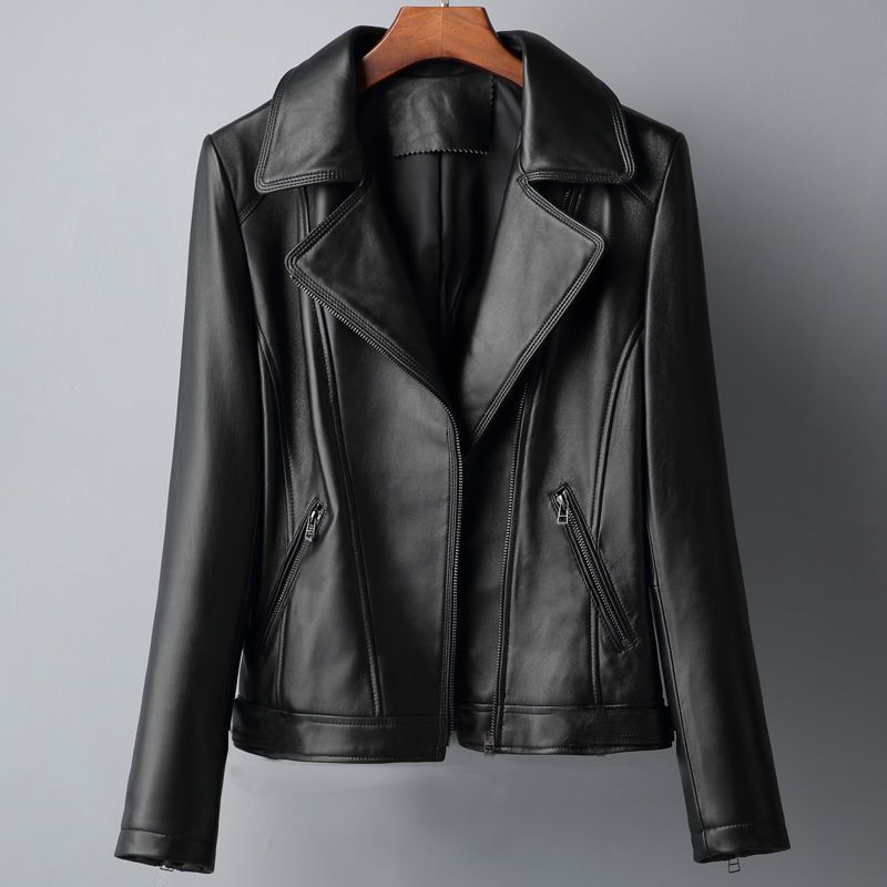 Haining Leather Jacket Women's New Imitation Goatskin Slim Suit Leather Jacket Lapel Motorcycle Jacket Leather Jacket Spring & Fall Jacket