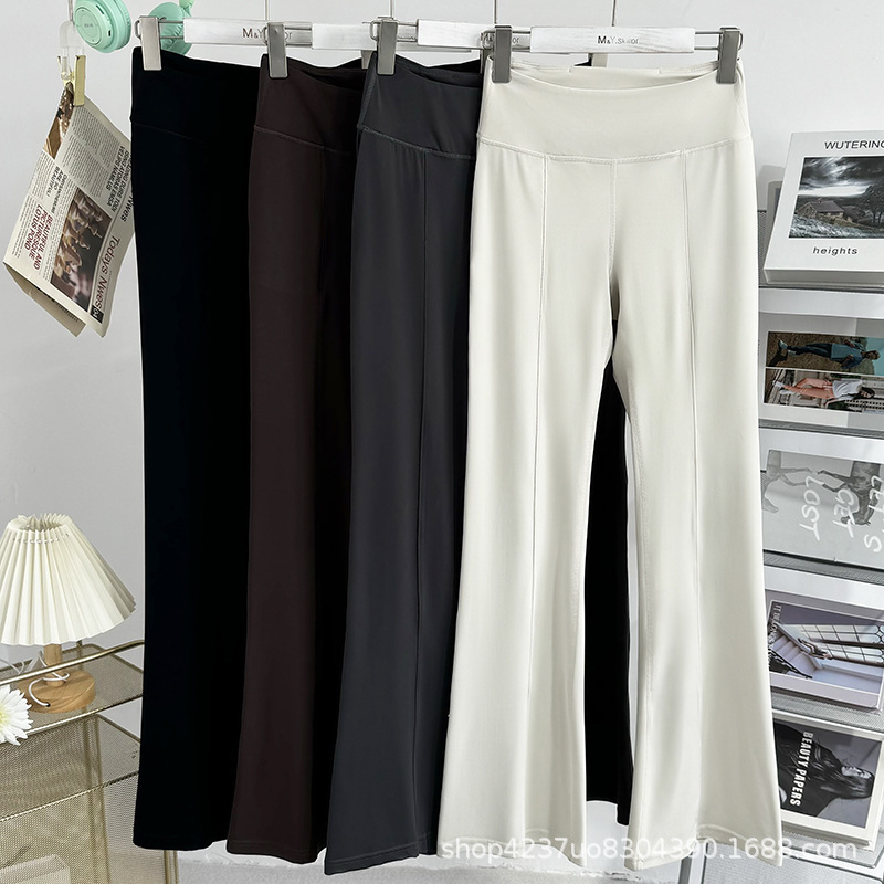 Lulu Same-style Stitching Mid-line Slim Pocket Sports Yoga Flared Pants Women's High Waist Belly-closed Lasting Micro-flare Pants