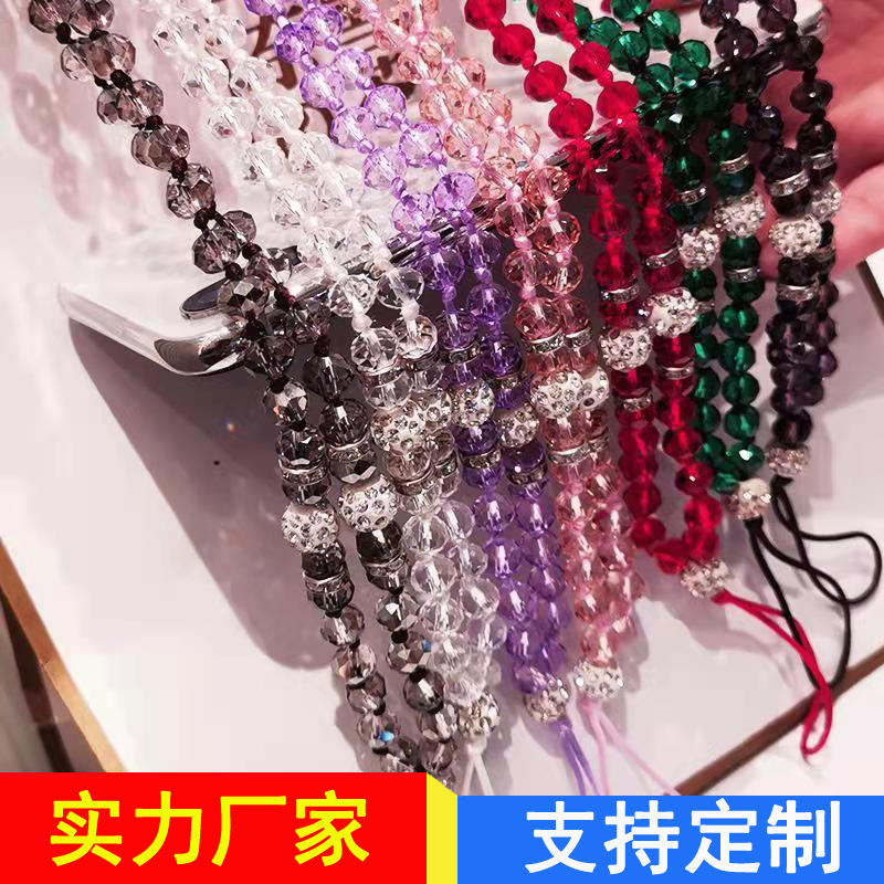 夏日清凉扁珠双排钻石膏珠水晶挂绳手工编织手机挂链挂脖子吊绳