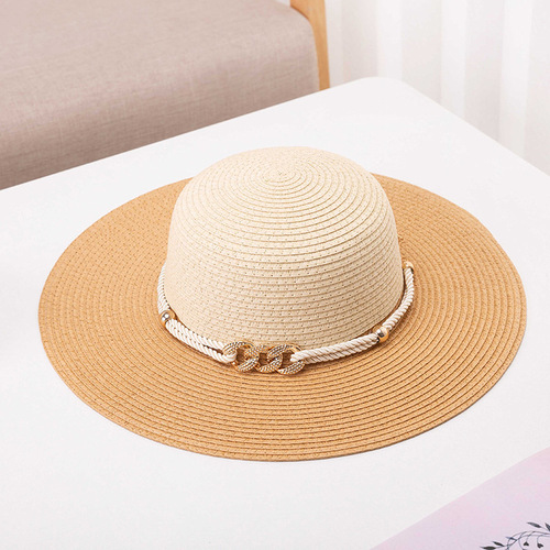 French Retro Gemstone Chain Flat Top Straw Hat Elegant Straw Weave Sunshade Sun Protection Wide Brim Hat Elegant Formal Hat for Women Spring Autumn