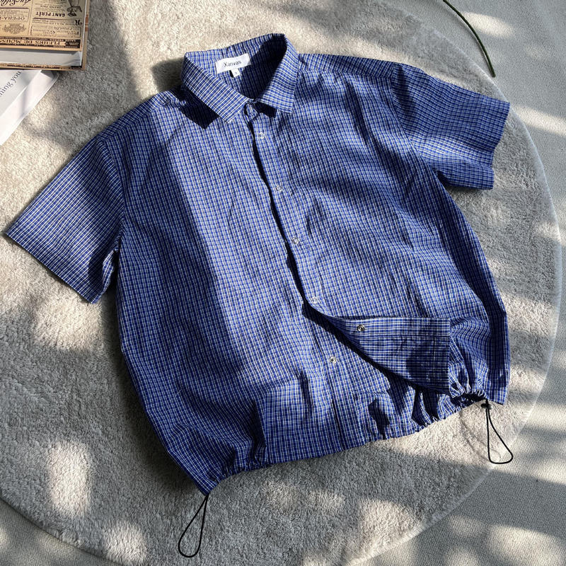 Xanvas "Royal Blue" Royal Blue Plaid Drawstring Short-Sleeved Shirt Men's Miu Series Summer Versatile Xanvas "Royal Blue" Royal Blue Plaid Drawstring Short-Sleeved Shirt Men's Miu Series Summer Versatile