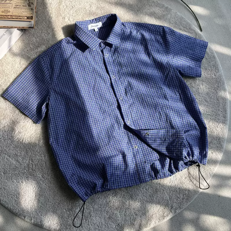 Xanvas "Royal Blue" royal blue plaid drawstring short-sleeved shirt men's miu style versatile summer