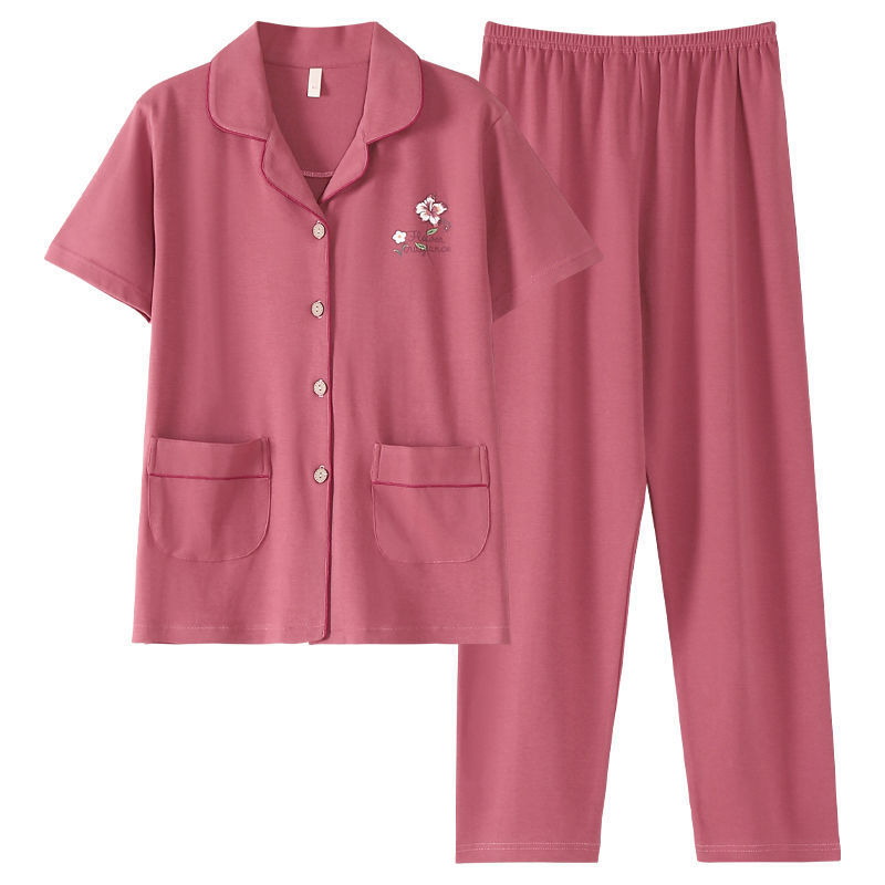 Pijama de algodón para mujer Pantalones de manga corta de verano más traje de chaqueta de mediana edad y madres de edad avanzada