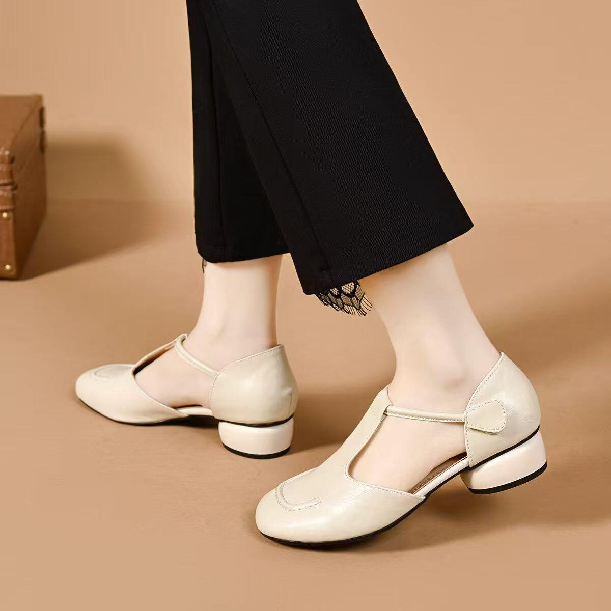 Sandal nữ da thật mũi tròn gót vuông quai ngang đế mềm — màu nâu chi tiết 7