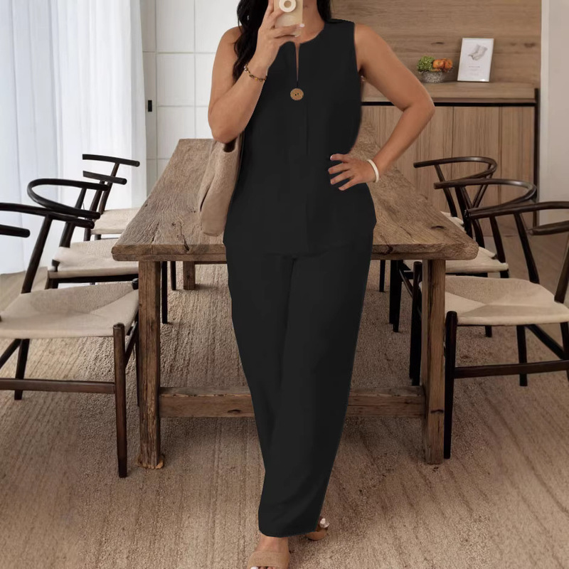 2026 Cross-Border Foreign Trade Amazon Fashion European and American Women's Clothing Comfortable Loose Tops Wide-Leg Pants Casual Cotton and Linen Suits