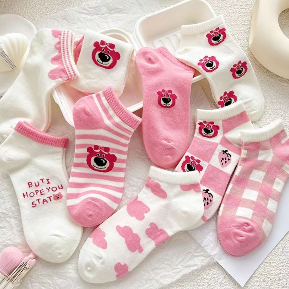 Calcetines rosados estilo coreano de las mujeres cortos de moda estilo de muy buen gusto lindo de dibujos animados japoneses calcetines de tobillo de corte bajo calcetines de mujer