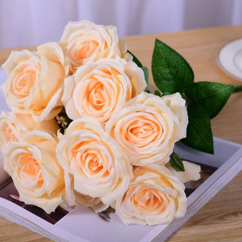 Multi-cabeza rosa artificial falso ramo flor pared de seda floral decoración de la boda manejar rojo naranja diez cabeza nueve cabeza