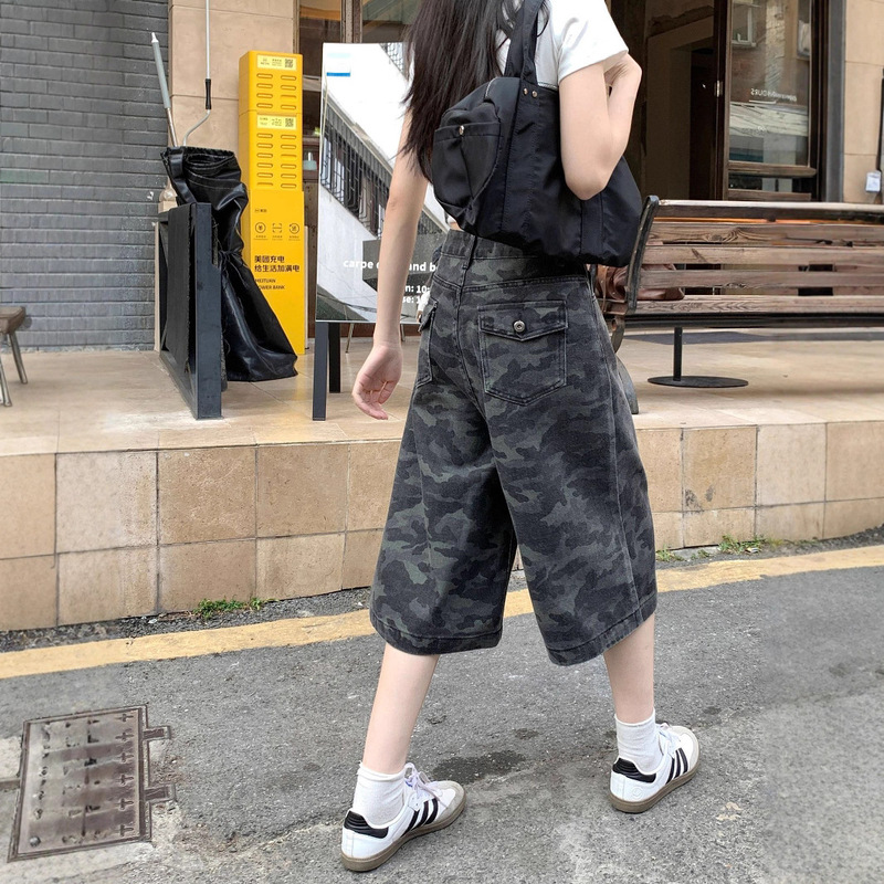 American Retro Washed Camouflage Cropped Jeans for Women 2025 Summer New Loose Fashion Slimming Wide-Leg Shorts