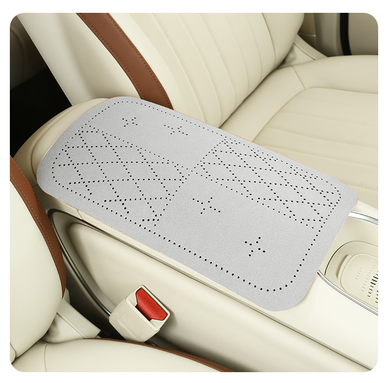 Car armrest box protective pad, breathable diamond perforated suede armrest pad, simple style car interior accessory