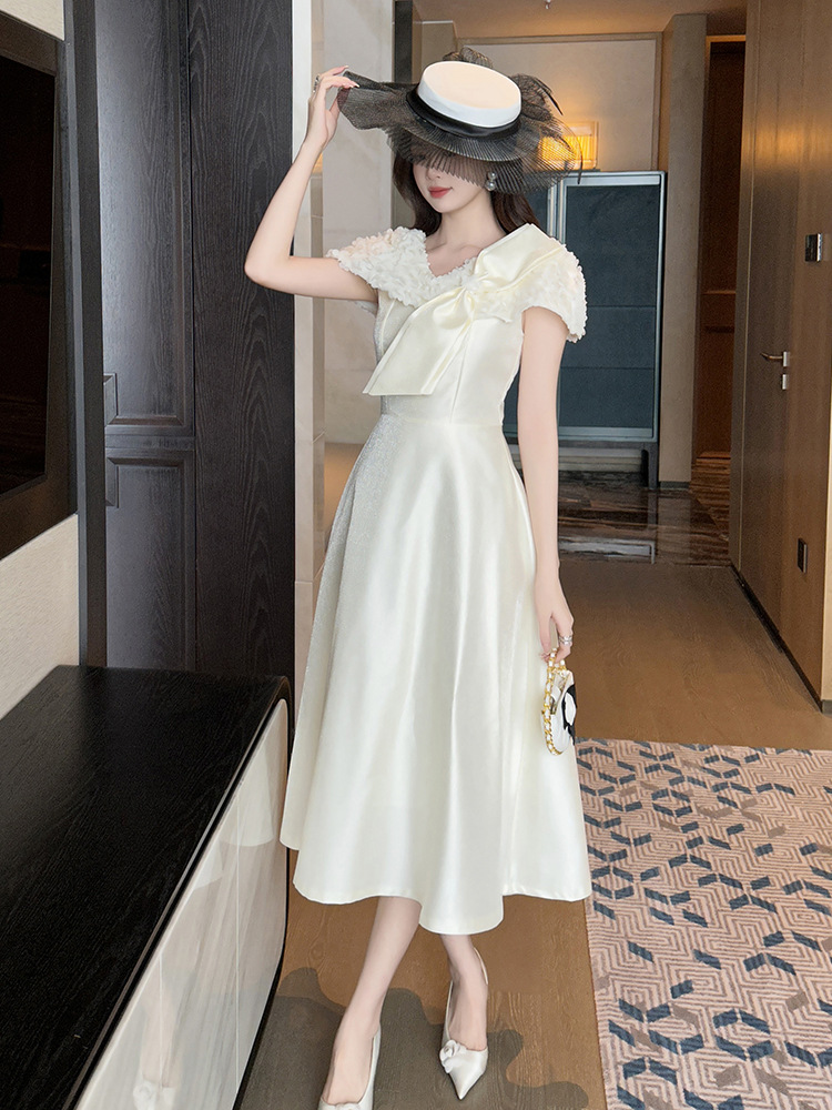 Đầm nữ thiết kế kiểu Pháp thắt nơ eo, váy phồng xòe — Màu mơ