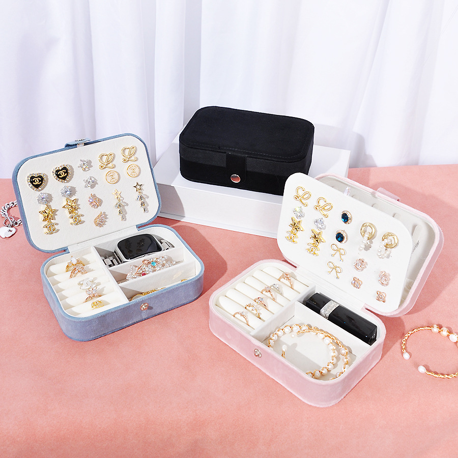 Casual Double-Layer Velvet Jewelry Storage Box Korean Style Portable Earrings Necklace Ring Cosmetics Velvet Jewelry Box