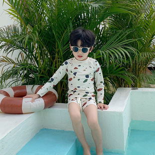 New Children's Swimwear Small and Medium-sized Children's Boys' Cartoon Marble Pattern Set Sun-proof Quick-drying Beach Summer Swimwear