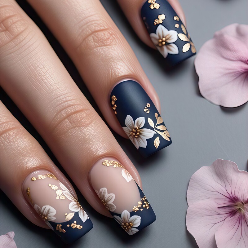 3D Gold Wearable Nails Short European Square Navy Blue White Flower Golden Stamens Painted Manicure Fake Nails Tc23