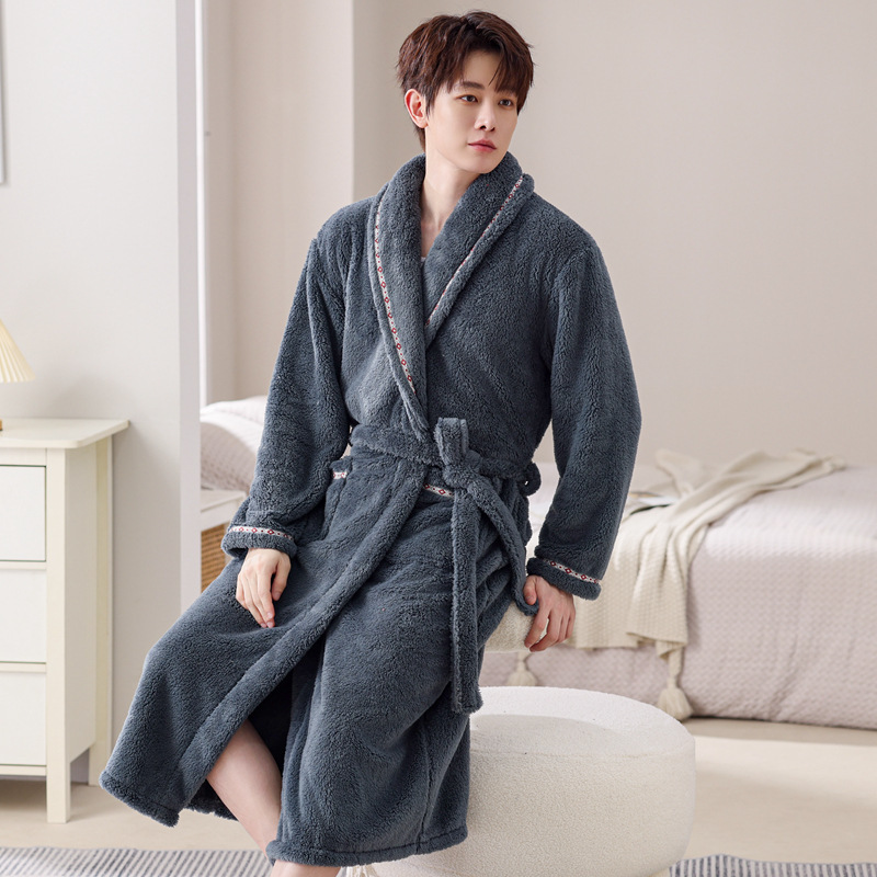 Plus Size Nightgown Bathrobe Men's Autumn and Winter Warm Coral Velvet Bathrobe Thickeneded Long Flannel Pajamas Long Sleeves