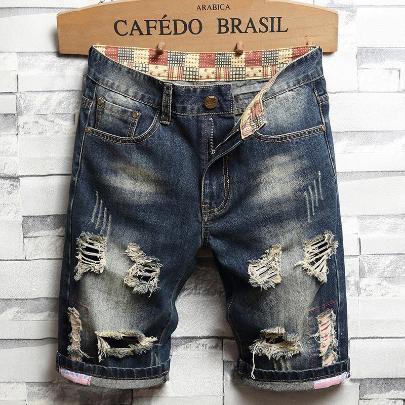 Lined Jeans Men's Ragged Five-point Beggar Pants Summer Trendy Brand Personalized Men's Jeans jeansmen