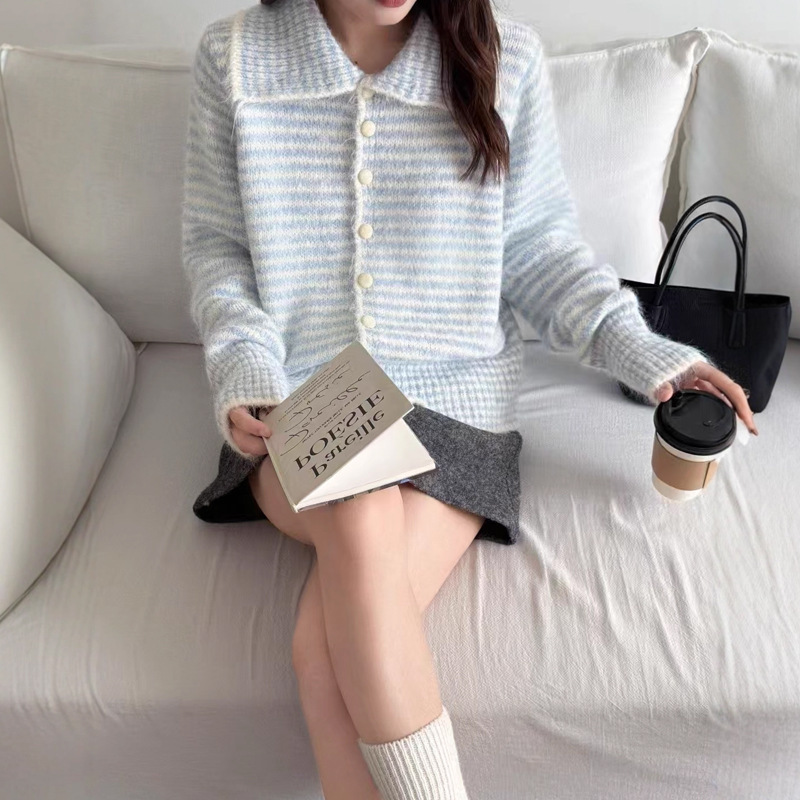 韩系复古条纹翻领毛衣外套女2025秋季新款高级感小众百搭针织开衫|undefined
