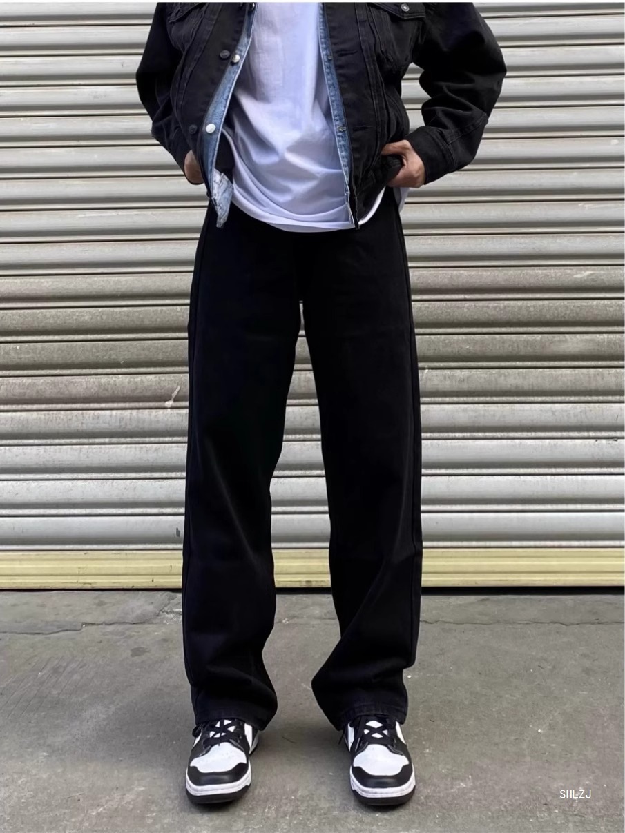 Men's High Street Loose Fit Black Jeans Versatile White Wide Leg Pants Retro Slimming Straight Leg Casual Long Trousers_mkmklike.com