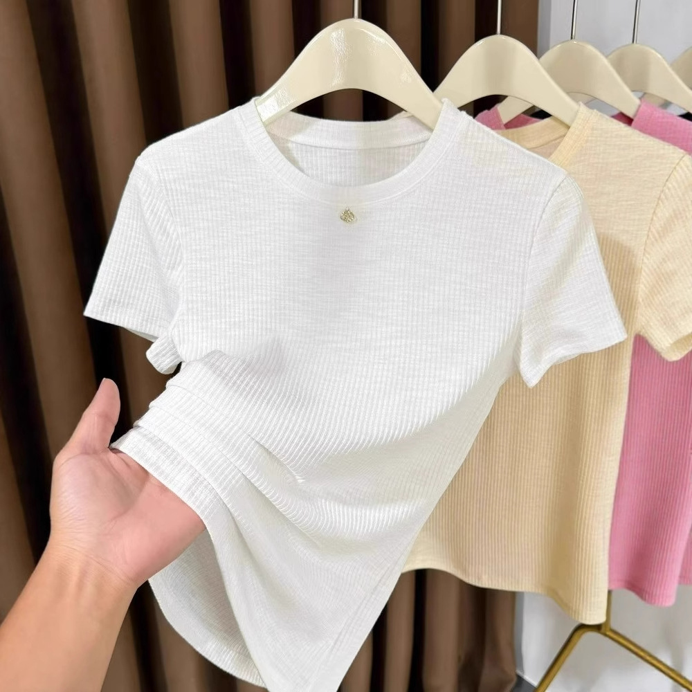 Women's Lightweight Soft Pink Tee Ribbed round Neck Short Sleeve Top Thin Stretchy Basic Shirt for Layering_voghion.com