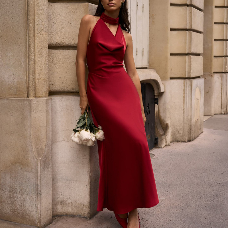 2025 European and American Cross-border Women's Satin Sexy V-neck Elegant Neck Hanging dress Summer New Slim-fit Long Dress with Backless 2025 European and American Cross-border Women's Satin Sexy V-neck Elegant Neck Hanging dress Summer New Slim-fit Long Dress with Backless