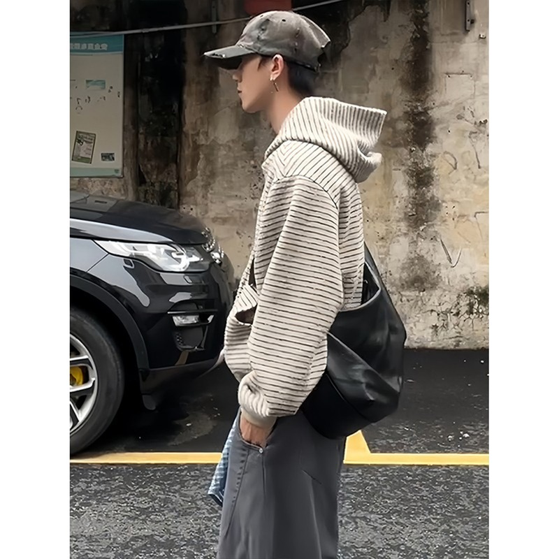 2025新款美式复古条纹拉链开衫连帽卫衣男女宽松休闲百搭情侣外套|undefined