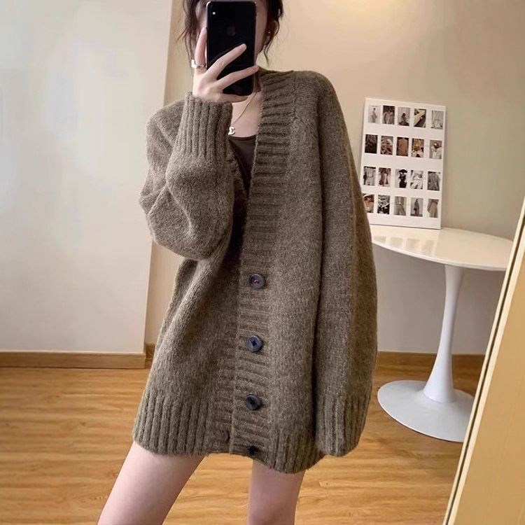 韩版大毛衣外套女秋冬加厚慵懒风中长款纯色针织开衫宽松大码外搭|undefined