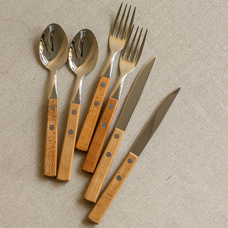 Wooden Handle Stainless Steel Knife, Fork and Spoon Tableware Ins Style Set Steak Knife, Fork and Spoon Restaurant Exquisite Dessert Spoon Household Spoon