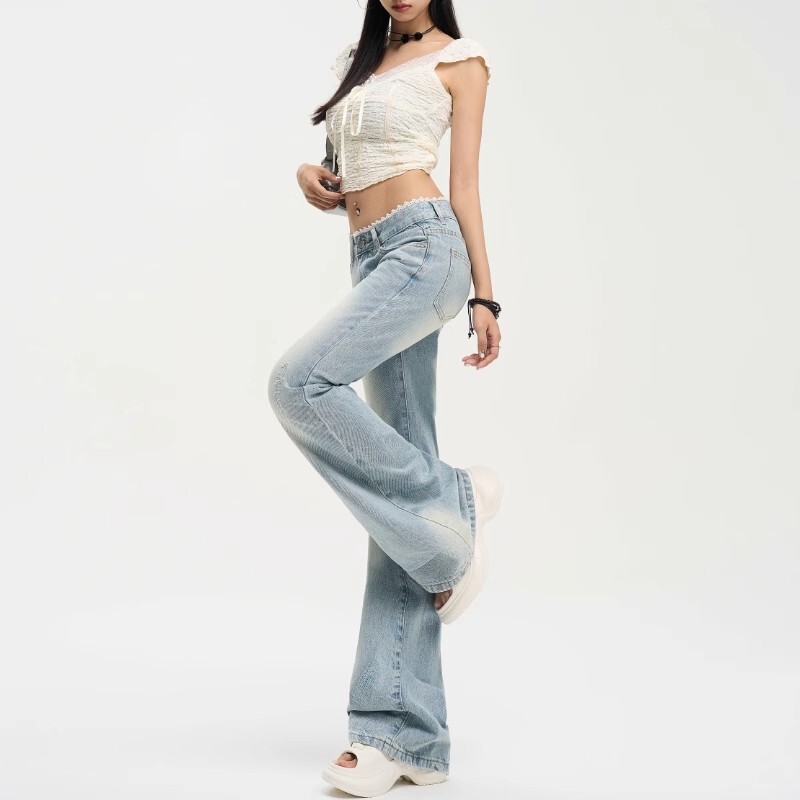 Light-Colored American-Style Flared Jeans for Women, 2025 Autumn and Winter Lace Low-Waist Slimming Skinny Petite Bootcut Pants