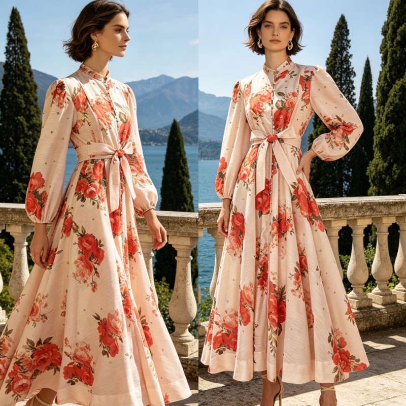 Australian Vintage Print Stand-Collar Lantern Sleeve Long-Sleeve Dress with Heavy Beading, Elegant Socialite Style Two-Piece Set