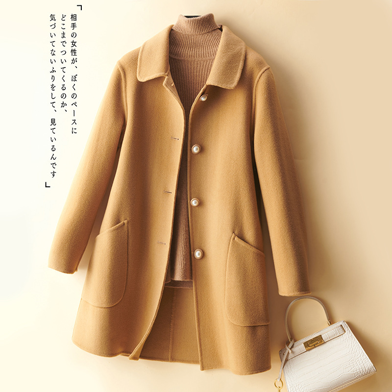 Autumn and Winter New Hepburn-style Double-sided Tweed Cashmere Coat Women's Short Mid-length Loose Wool Coat