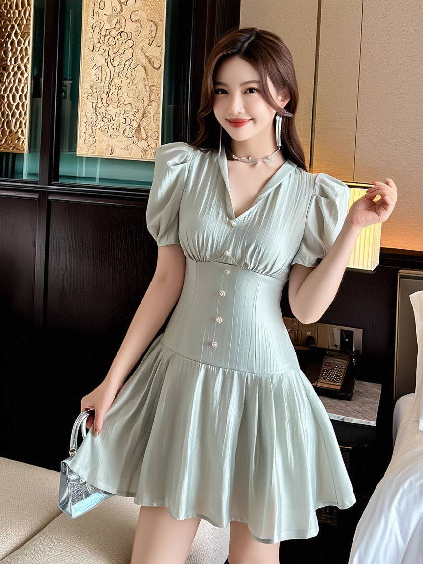 Váy bồng chữ A cổ V tay phồng eo cao — màu xanh lục lam chi tiết 3