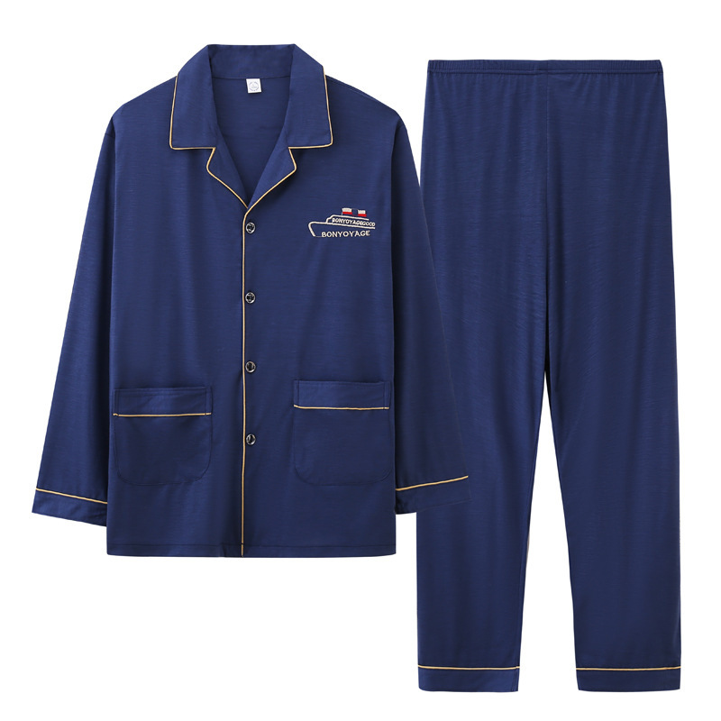 100% pijamas de algodón de manga larga de los hombres sueltos más tamaño aguja pequeño collar inverso joven y de mediana edad de primavera y otoño ropa de casa manga corta tejida