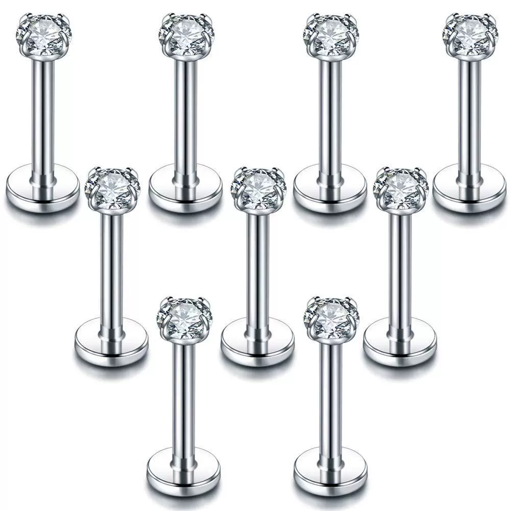 医用钛钢锆石耳钉骨钉包边内螺纹平底唇钉16G线径不锈钢穿刺饰品