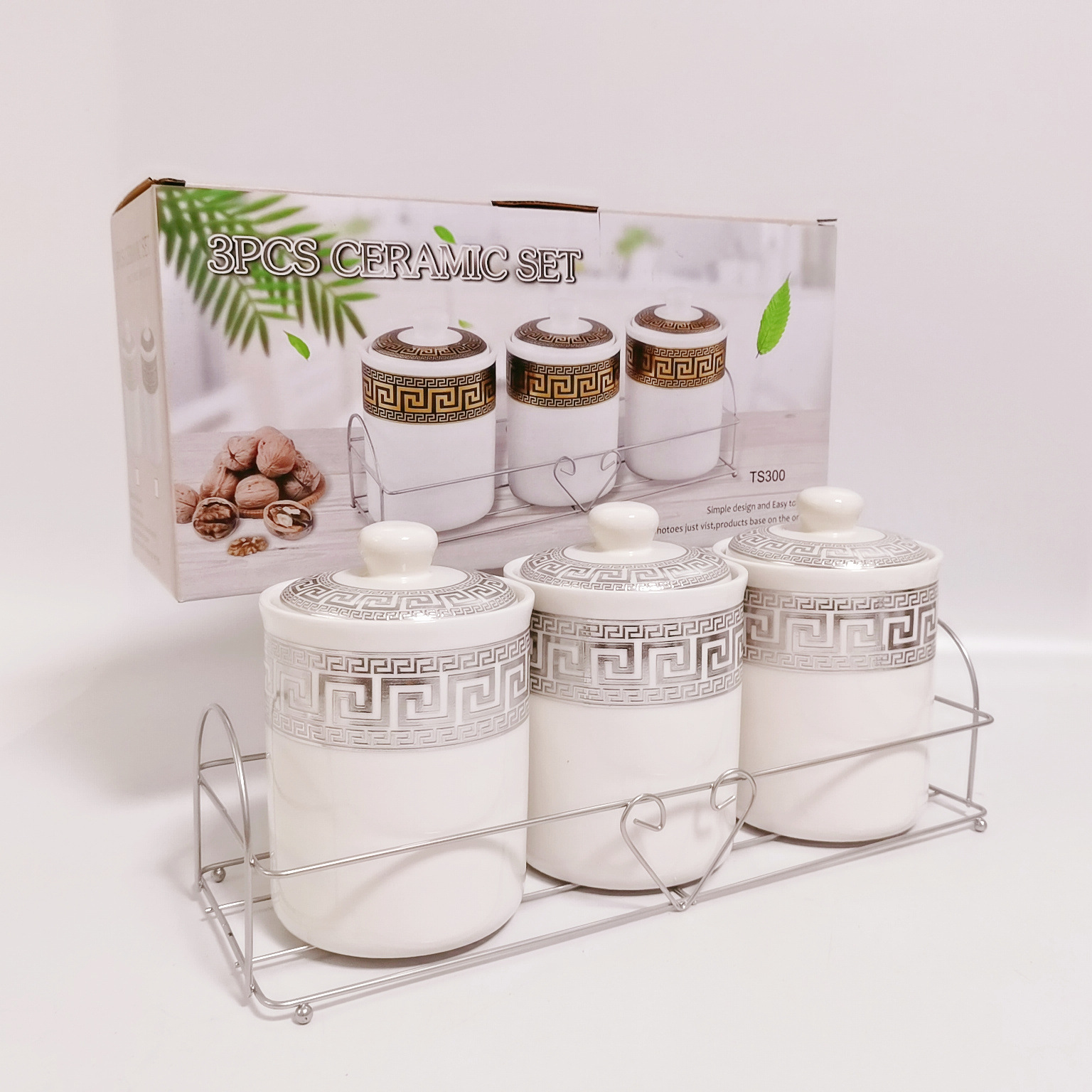 Transfronterizo de Oriente Medio Exportación de cerámica sellada jarra con estante de hierro condimento Jar de almacenamiento de cocina jarra de almacenamiento de dulces tarro de té