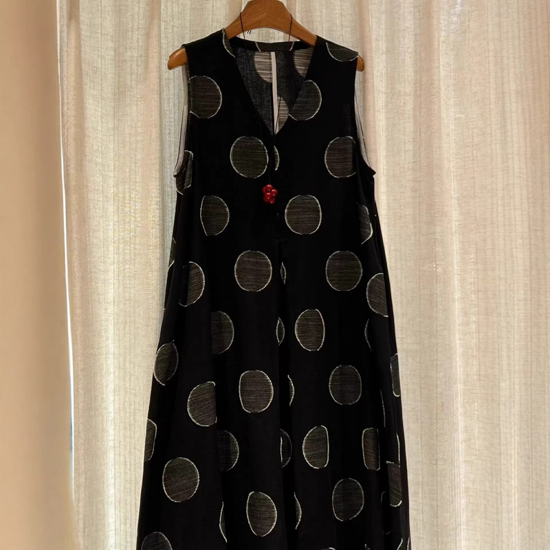 2026 Spring New Style Slimming V-Neck Full-Body Circle Print Elegant Linen Sleeveless Vest Dress