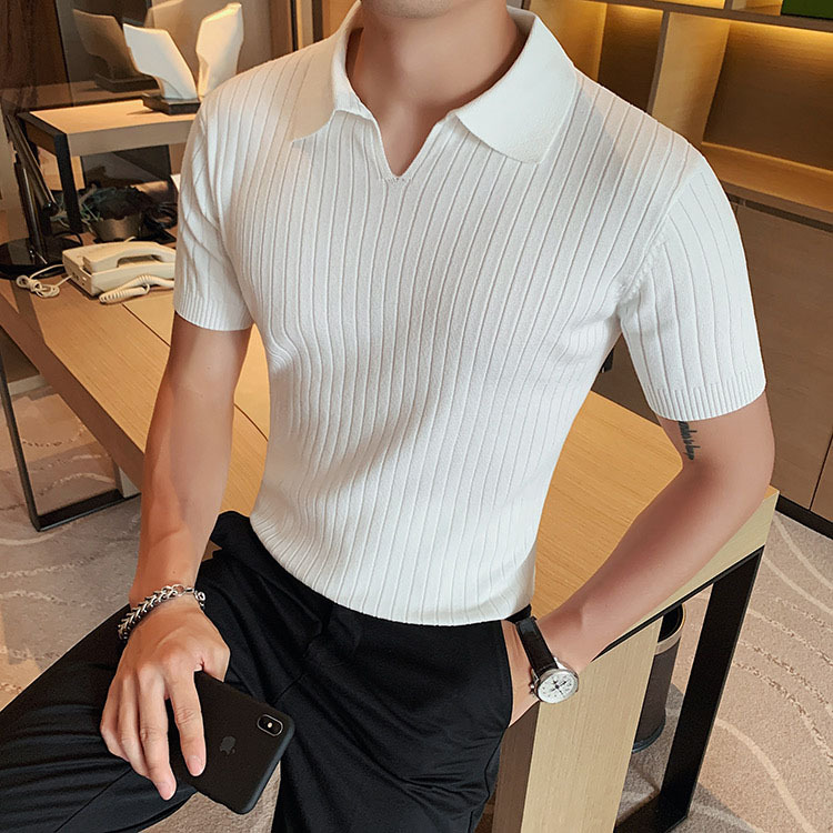 Verano nueva camiseta de punto seda de hielo de manga corta hombre delgado comercial polo camiseta de cuello V camiseta comercio exterior Europa y América al por mayor transfronterizo