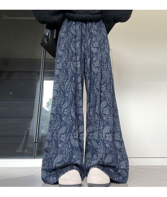 韩系复古腰果花休闲裤女秋2025新款休闲松弛感宽松直筒印花阔腿裤|undefined