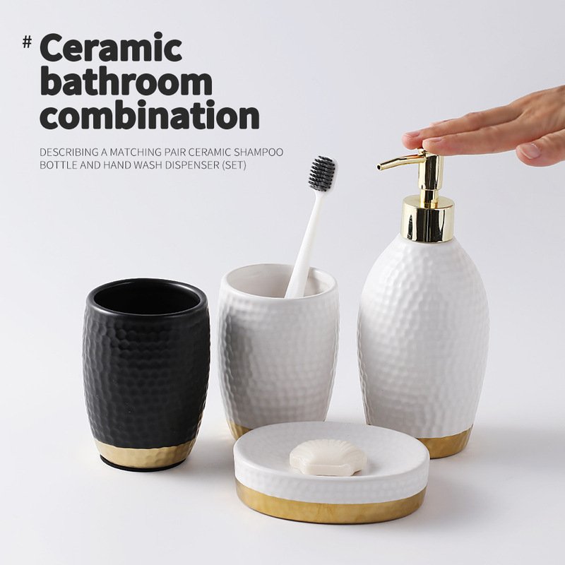 Modern Creative Home and Hotel Supplies Wholesale Bathroom Set Three-Piece Set Glossy Black and White with Gold Edges Bathroom Four-Piece Set