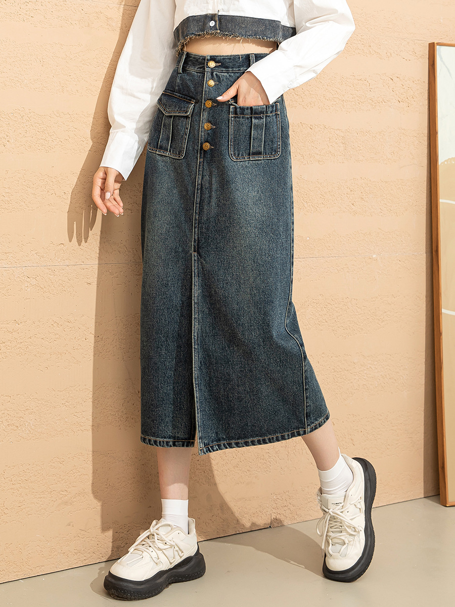 Chân váy denim cạp cao chữ A dáng dài vừa phong cách cổ điển tôn dáng — Màu xanh lam