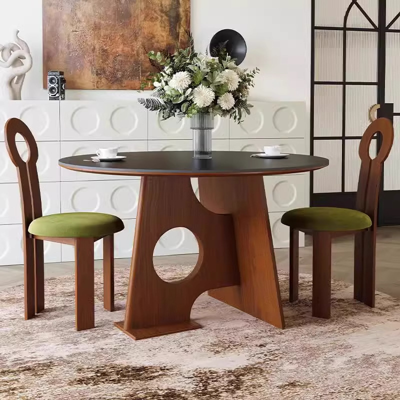 Comercio exterior estilo medieval mesa de comedor de madera maciza mesa redonda retro francesa mesa de comedor de tabla de roca de lujo ligero alta sensación de mesa de comedor pequeña image 5