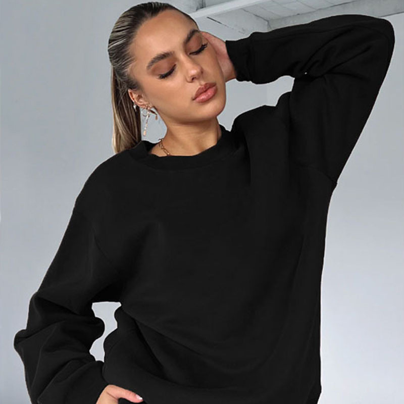 Women's Round Neck Pullover Sweatshirt Long Sleeve Solid Colour_voghion.com