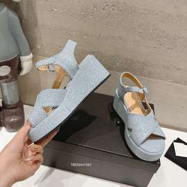 小香风凉鞋女高跟2024年夏新款沙滩轻松休闲鞋子松糕厚底增高坡跟