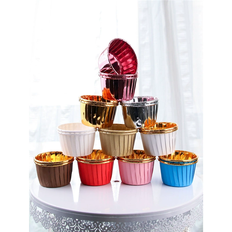 Упаковка для выпечки, чашка для кексов, золотая и серебряная чашка, бумажная чашка, маслостойкая и водонепроницаемая бумага с покрытием, алюминиевая фольга, бумажная красная рулонная чашка, устойчивая к высоким температурам