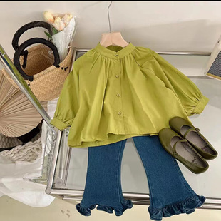 Осенний комплект для девочек, милая универсальная рубашка, мегафон, джинсы, детская одежда, в западном стиле